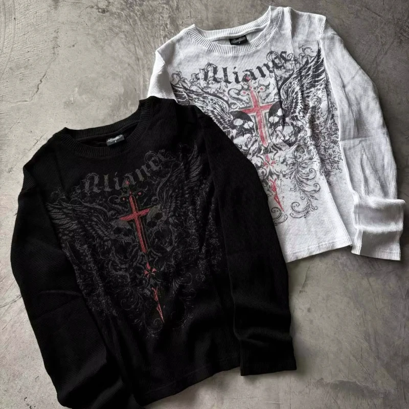 Y2K Vintage Gothic Wing Letter Printed Long Sleeve Street Trend Coat Couples' Money Hip Hop Gothic Harajuku Oversize T-shirt