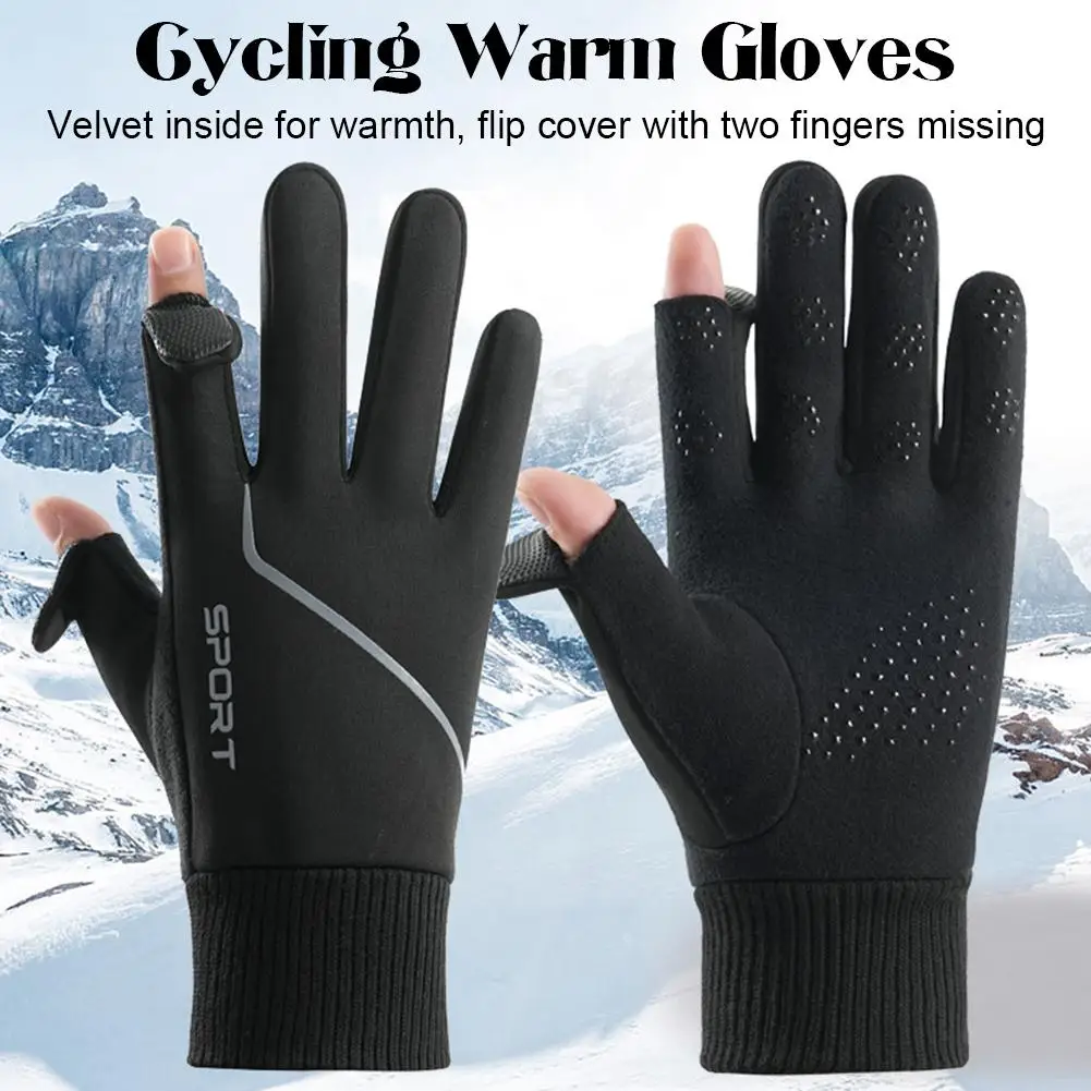 Winter Flip Open Two Finger Gloves Men Women Warm Touch Screen Gloves Outdoor Windproof Waterproof Cycling Skiing Fishing Gloves