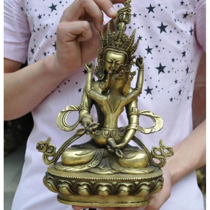 

12"; Old Tibetan Bronze gilt Vajra Mandjkesvara Yab-Yum Happy Buddha Hevajra Statue