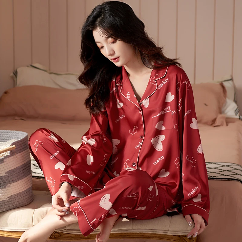 New Year's Gift Red Pajama Set for Women Two Pieces Long Sleeve Pants Casual Silk Sleepwears for Daily High-end Heart Exquisite