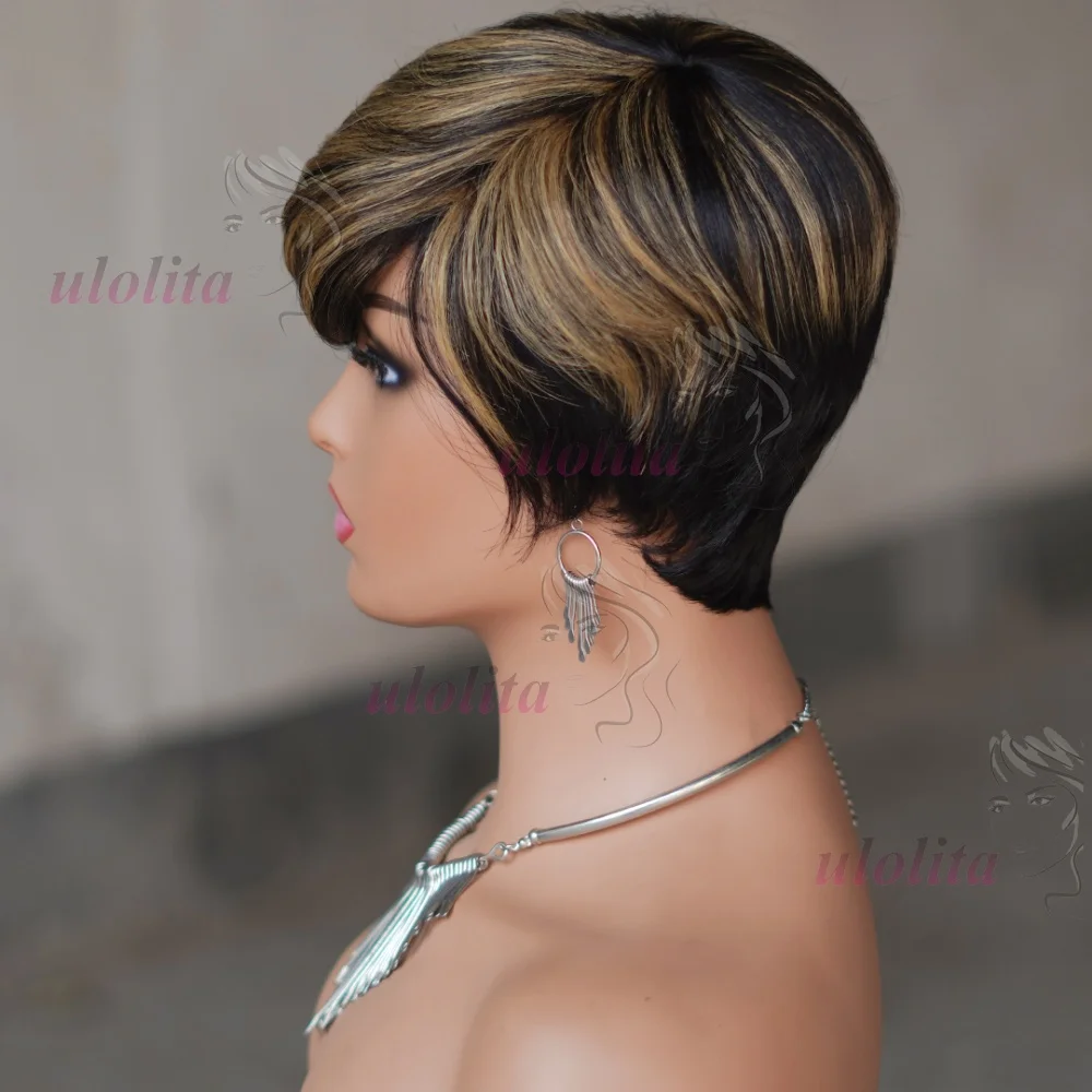 Kurze Echthaarperücke, vollständig maschinell gefertigte Perücke, gerade Pixie-Cut-Perücke aus Echthaar für Frauen, kurze Bob-Perücken mit Pony, Haarschnitt-Perücken – Detail 9