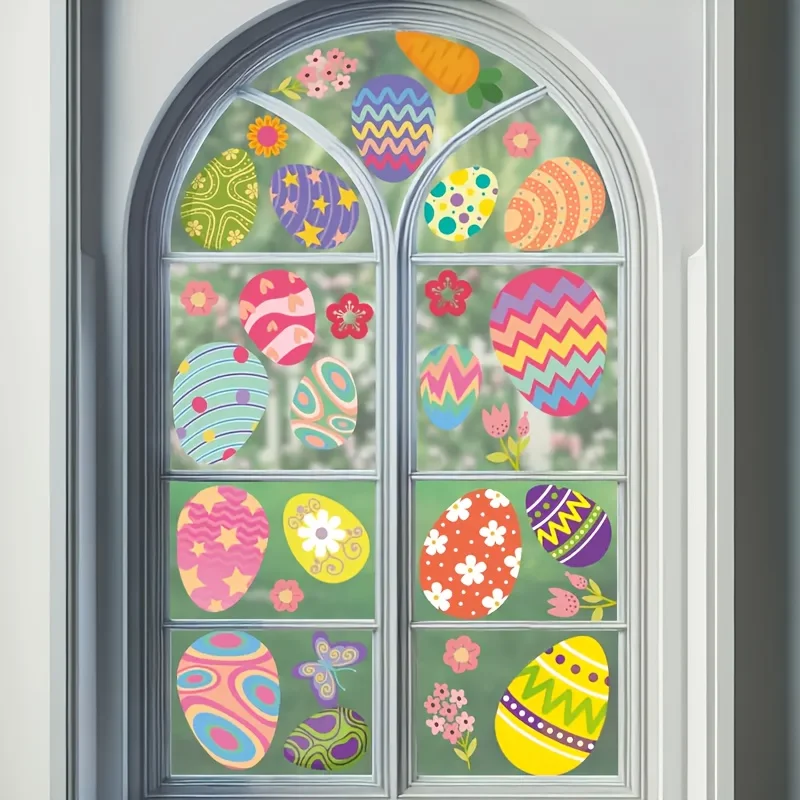 35 Stück/2 Blatt Osterei-Fensteraufkleber, Retro-Blumen- und geometrische Muster, lebendige Frühlingsfarben, elektrostatische Aufkleber aus PVC
