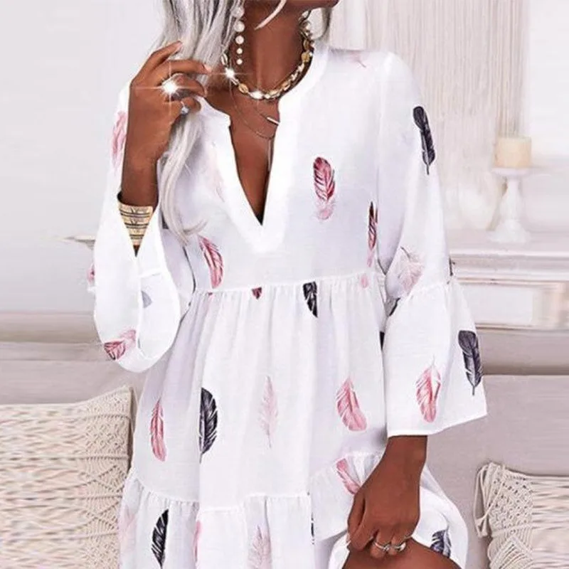 

New Arrivals Retro Fashion Trend Spring Summer Women's Clothing Printed Long Sleeve V-neck Casual Stitching Dress