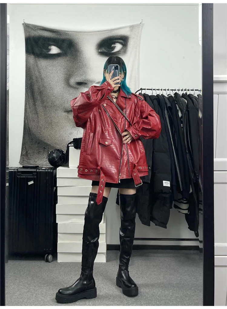 Lautaro Spring Autumn Oversized Red Shiny Crocodile Pattern Leather Biker Jacket Women Long Sleeve Zipper Belt Cool Fashion 2022