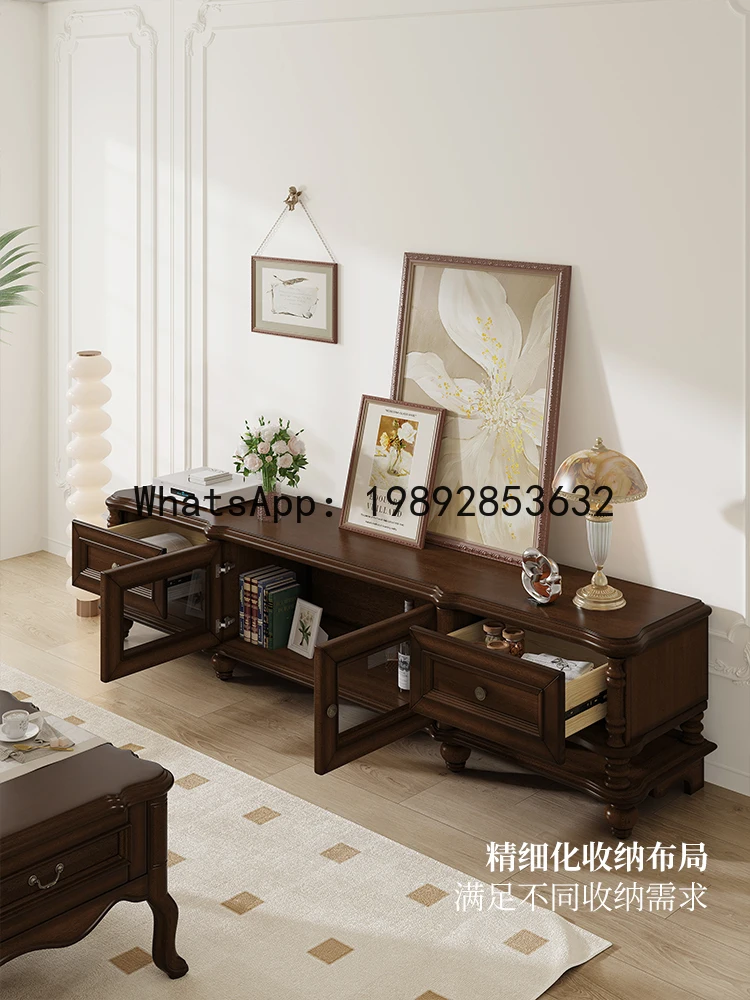 

LYY TV Cabinet American Retro Country Style Living Room TV Cabinet Home Old Money Solid Wood Storage Integrated Furniture