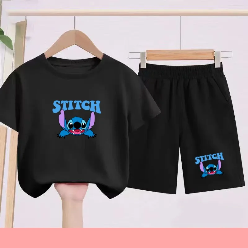 

3-12 Age Disney Anime Stitch Summer New Model Two Piece Set Children T-Shirt Casual Comfortable Short Sleeve+Shorts Sportswear