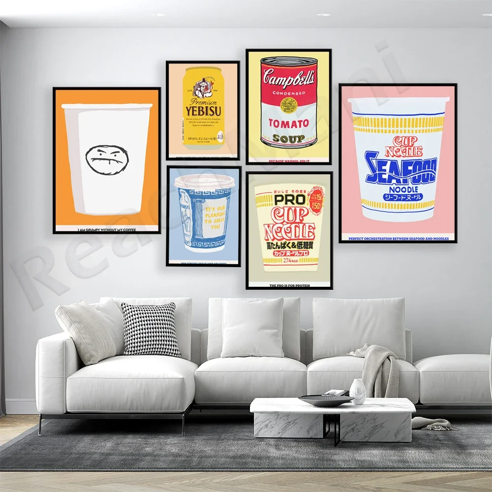 

Grumpy without Coffee - Seafood Noodles, Tomato Soup, Premium Yebisu Beer Art Print, Pro for Protein Ramen Kitchen Art Poster