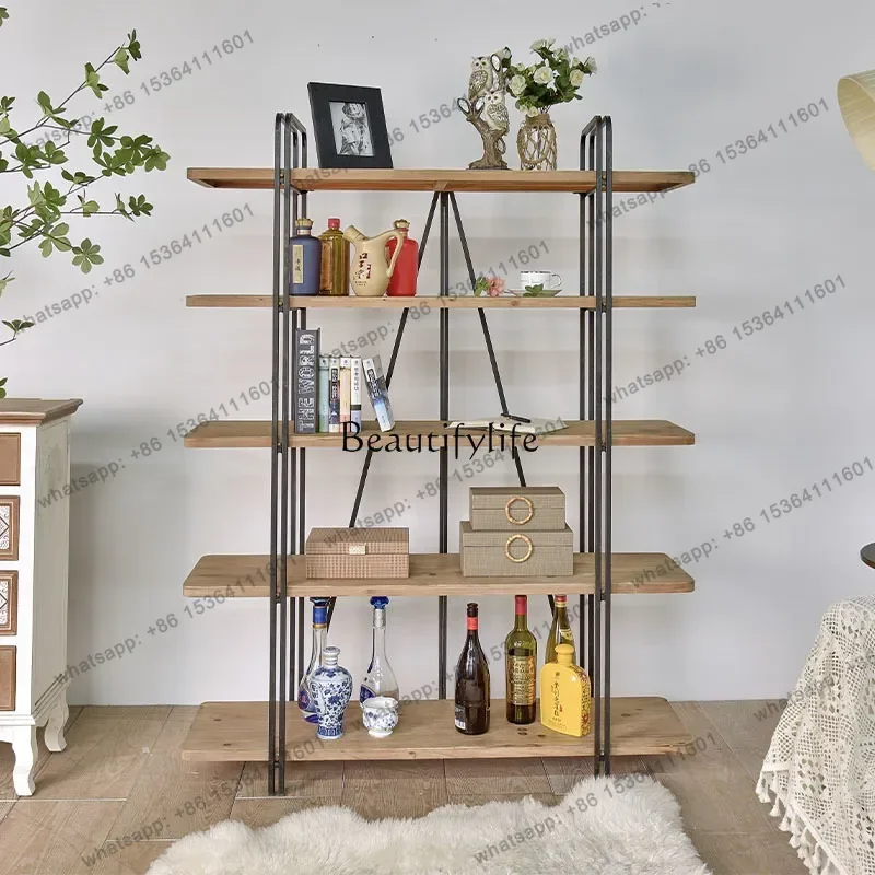 FG Retro Wrought Iron Solid Wood Floor Rack Simple Living Room Creative Ornament Multi-layer Baffle