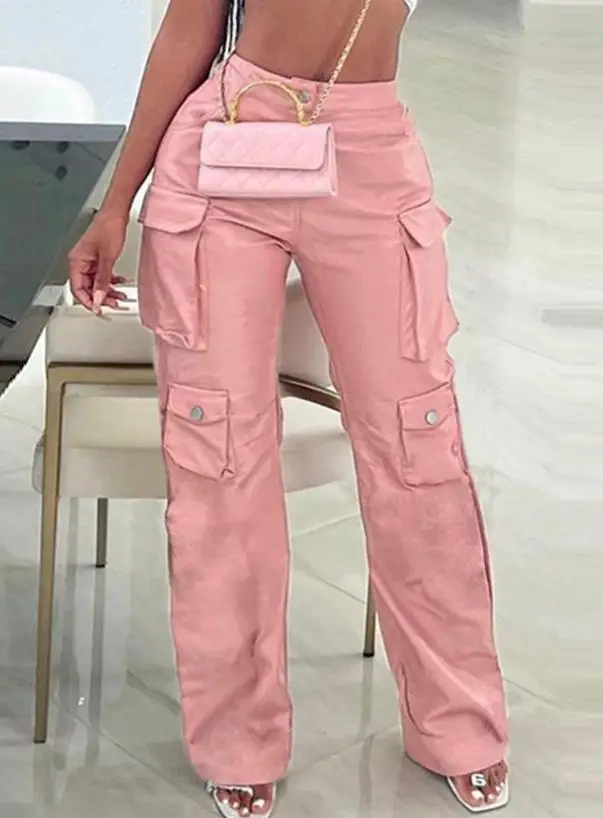 Pink Cargo Pants for Women 2024 Spring Straight Leg Solid Multi-Pocket Design High Waist Pu Leather Loose Baggy Pants Streetwear