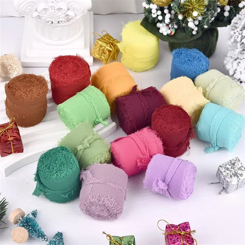 5M Handmade Frayed Edged Satin Chiffon Silk Ribbon For Wedding Invitation Wrapping Bouquets Birthday Party Decorations Gifts