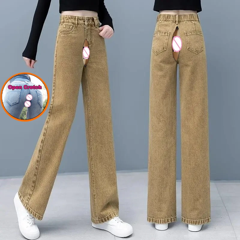 Lady's low-rise  open Crotch pants Jeans for Women's Spring Autumn 2025 New High-waist Straight Trousers Loose Casual Draped