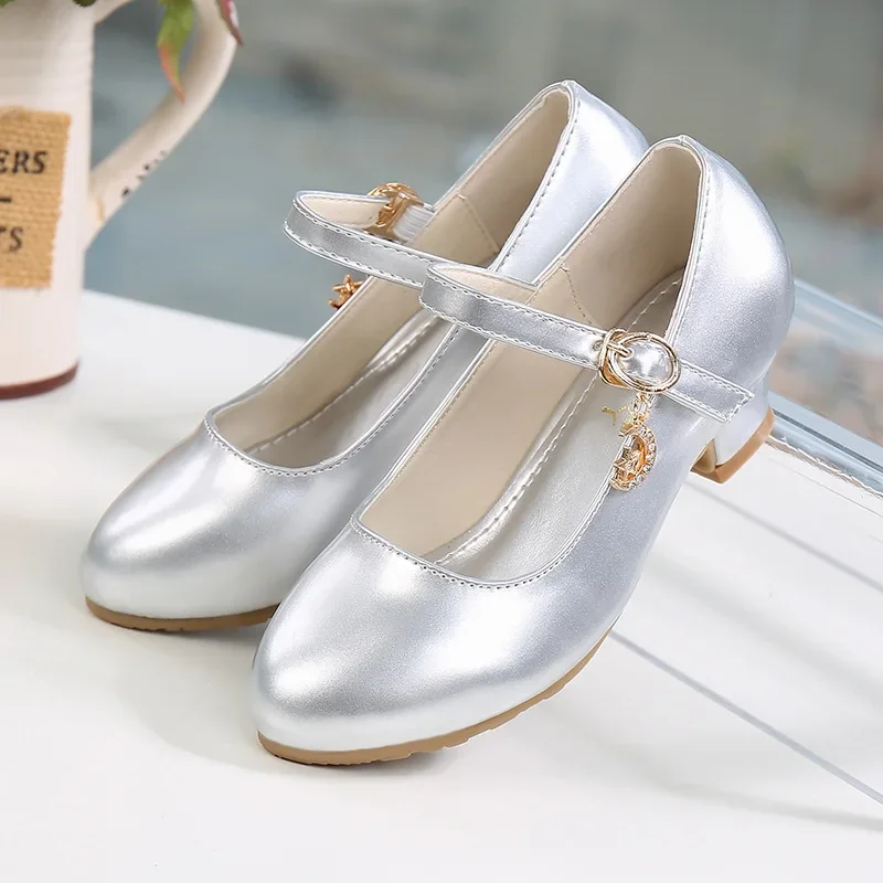 White Pink Children Party Leather Shoes Girls Elegant Fashion Kids High Heels for Princess Single Shoes Student Show Dance Shoes