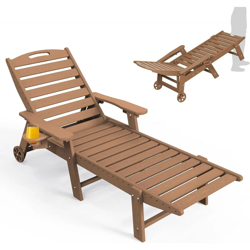 Lounge Chair Outdoor, Oversized Chaise Lounge Chair with 5 Positions, Patio Lounge Chair with Wheels & Cup Holder for Pool