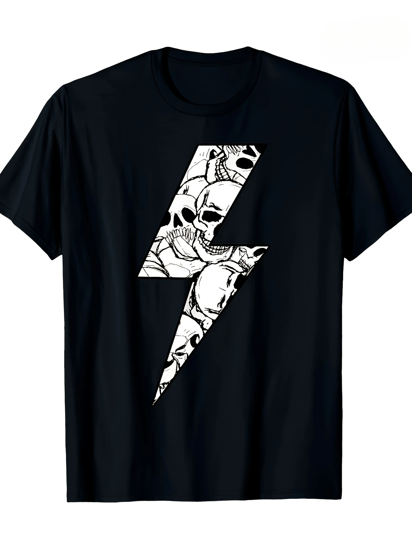Men's Vintage Gothic Skull & Lightning Bolt Graphic T-Shirt - Polyester Breathable Loose Fit Crew Neck Tee, Black with White Skull & Lightning Bolt Print, All-Season Casual Shirt for Everyday, Outdoor Clothing | All-Season Casual Wear | Glossy Finish