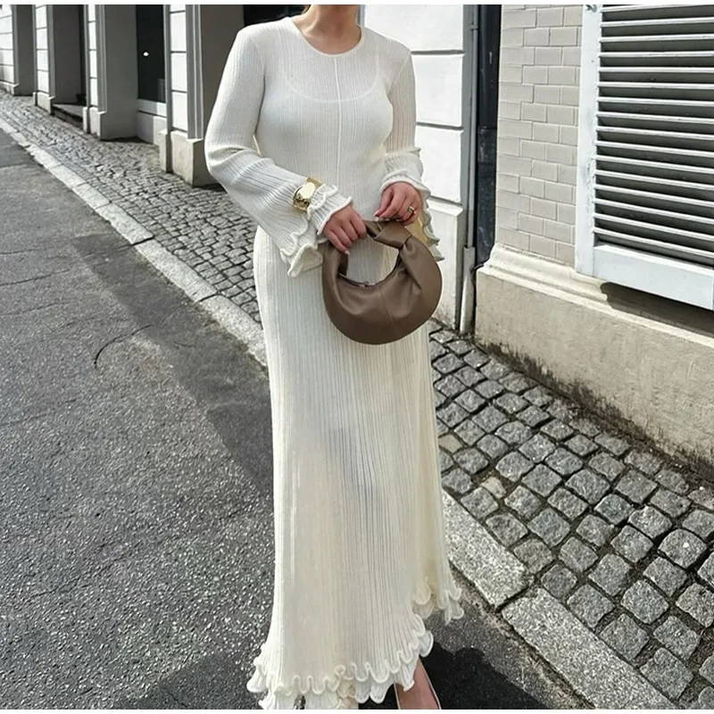 Elegant Round Neck Long-sleeved Knitted Long Dress  Cross-border Slim-fitting High-waisted Women's Curled Edge Long Dress