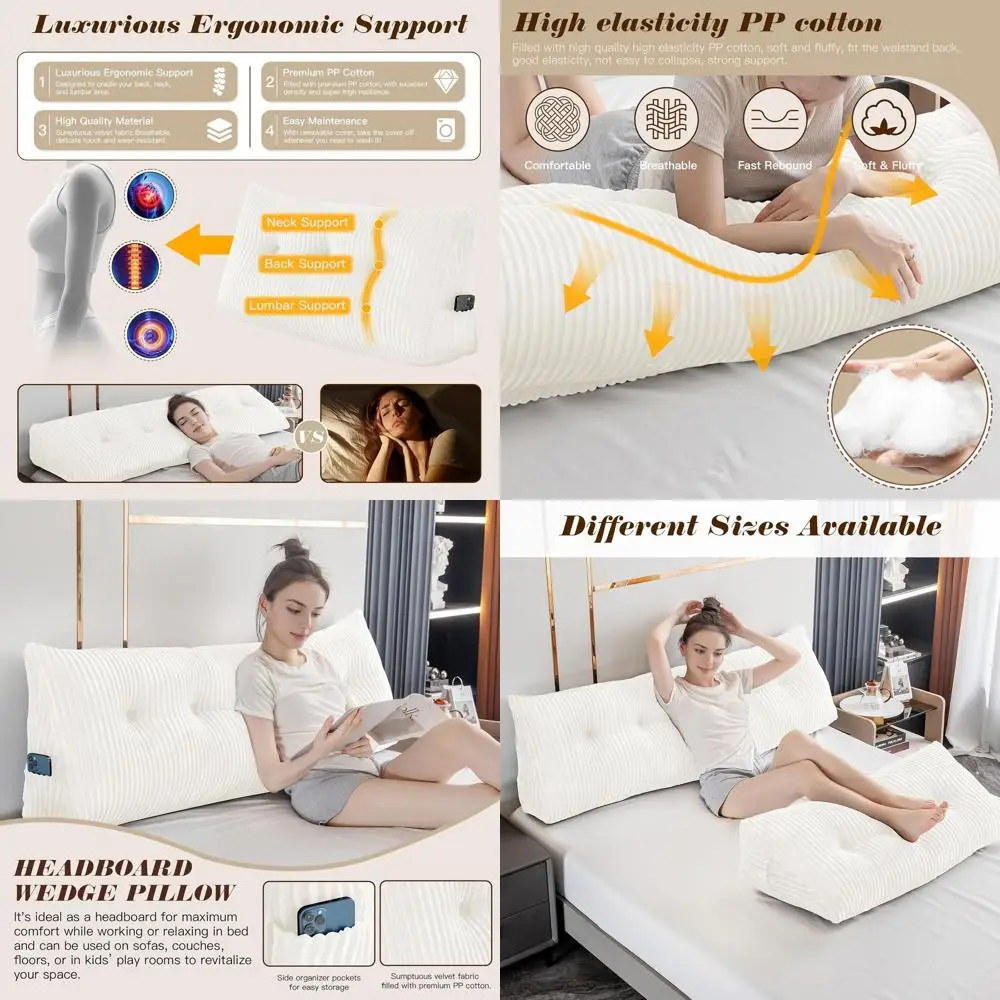 

Queen Size Triangular Wedge Bed Rest Pillow with Removable Cover, Light White, 59x8x20 Inches