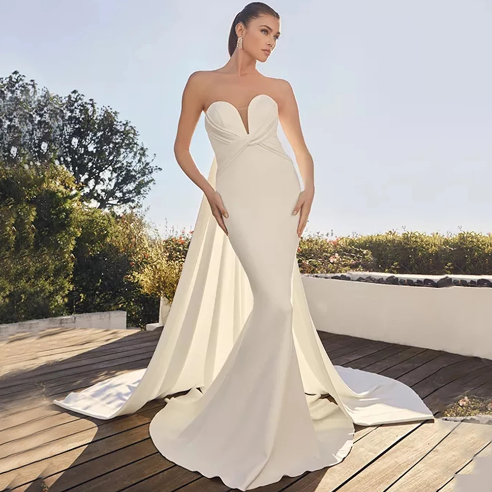 

Simple Sweetheart Sleeveless Mermaid Wedding Dress Classic Pleat with Sweep Train Floor Length Jersey Bridal Backless Gowns Robe