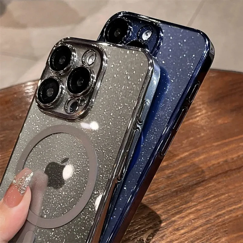 حافظة شحن لاسلكية مغناطيسية فاخرة لامعة لهاتف Magsafe لهاتف iPhone 16 15 14 Plus 13 12 Pro Max 11 غطاء رقيق من البولي كربونات الصلبة