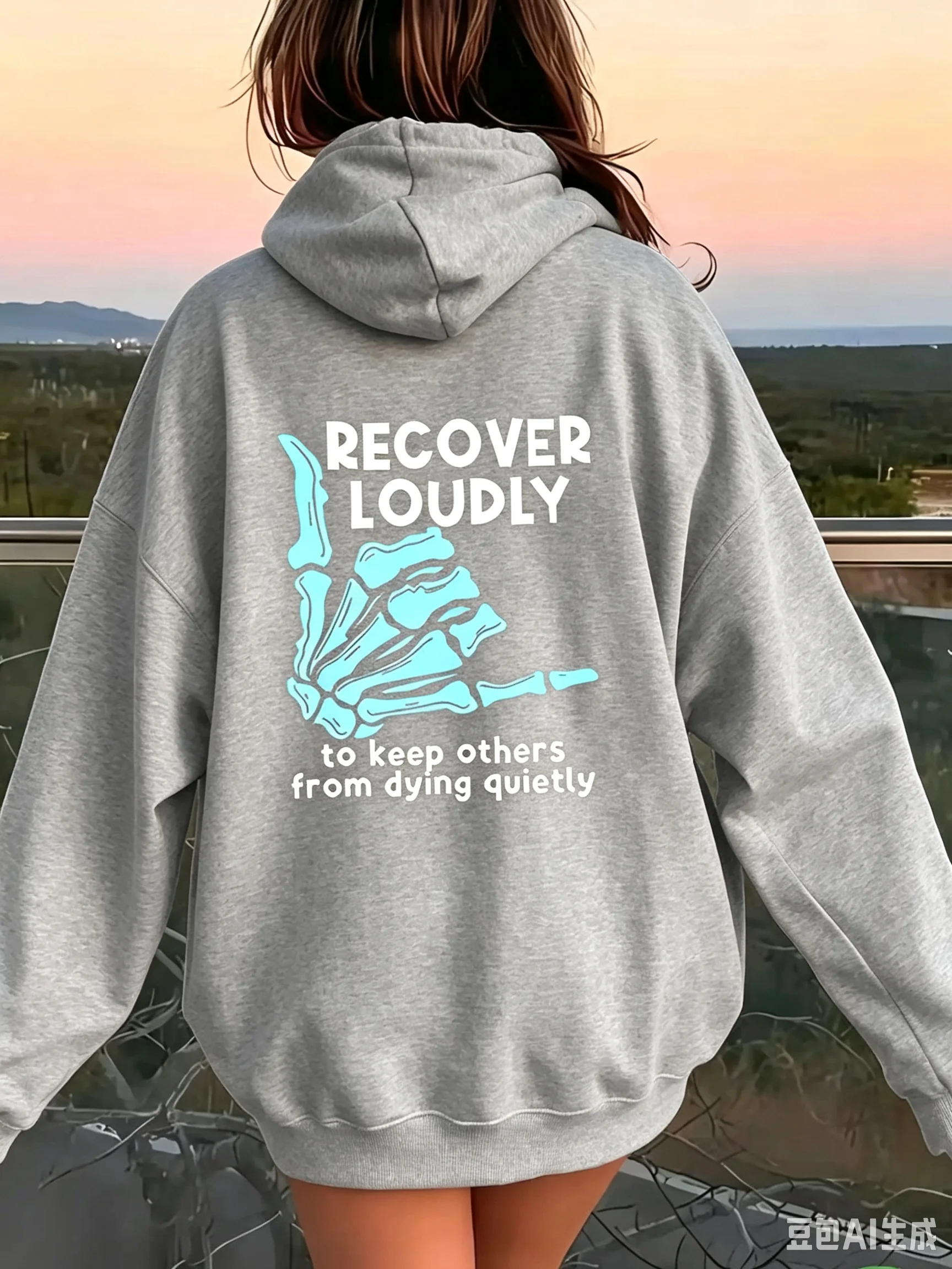 Women Hooded Sweatshirt Recover Loudly Skeleton Hand Slogan Back Graphic Print Soft Warm Mental Health Daily Casual Hoodie