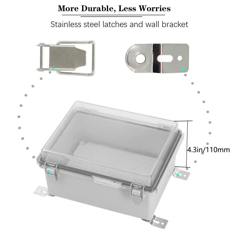 Waterproof IP67 Electrical Junction Box Hinged Clear Cover Stainless Steel Latch Enclosure Bottom Plate Bracket 220x170x110mm