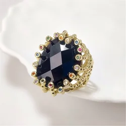 FUWO 1Pc Luxury Natural Semi Precious Stone Ring,Golden/Silver Plated Obsidian Rings With Colourful Zircon For Women RG057O