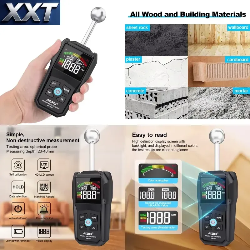 XXT Non-invasive Digital Spherical Contact Wall Flooring Wood Moisture Meter Pinless Digital Pinless Moisture Tester