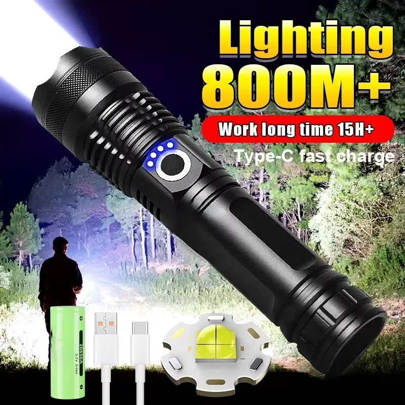 

2024 High Power LED Flashlight Rechargeable Ultra Powerful Torch 4 Core Hand Lantern Zoomable 5 Lighting Modes Use of Alloy Make