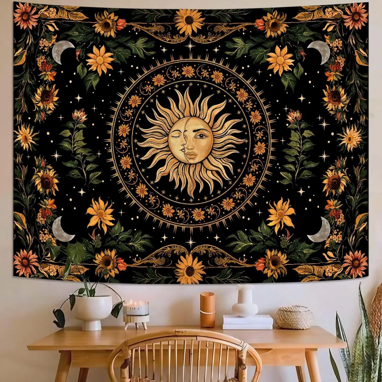 Sun and Moon Tapestry,Vintage Boho Sunflower Wall Decor, Aesthetic Tapestries for Bedroom Living Room,Mystic Floral Black Orange