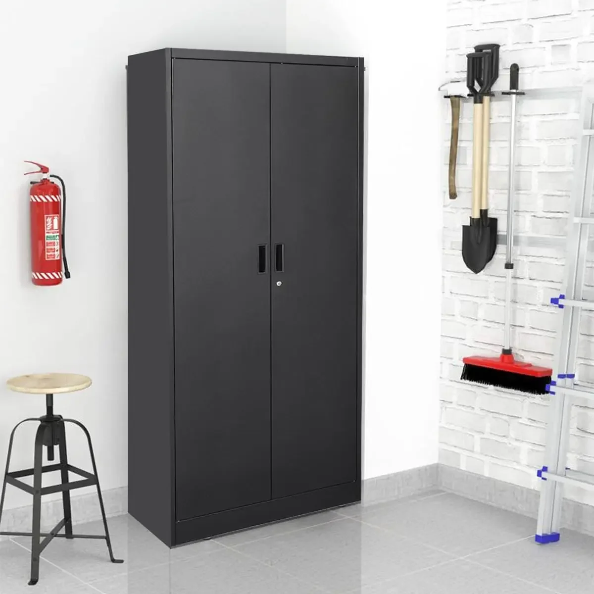 Metal Cabinet, Locking Storage Cabinet with 5 Shelves and 2 Doors, Black Garage Cabinet for Office, Classroom, Garage - B