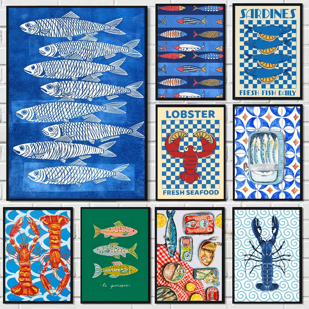 Impresión en lienzo de sardinas y langostas coloridas, carteles artísticos de pared con peces bonitos y océanos, decoración estética moderna para sala de estar, dormitorio, Bar y hogar
