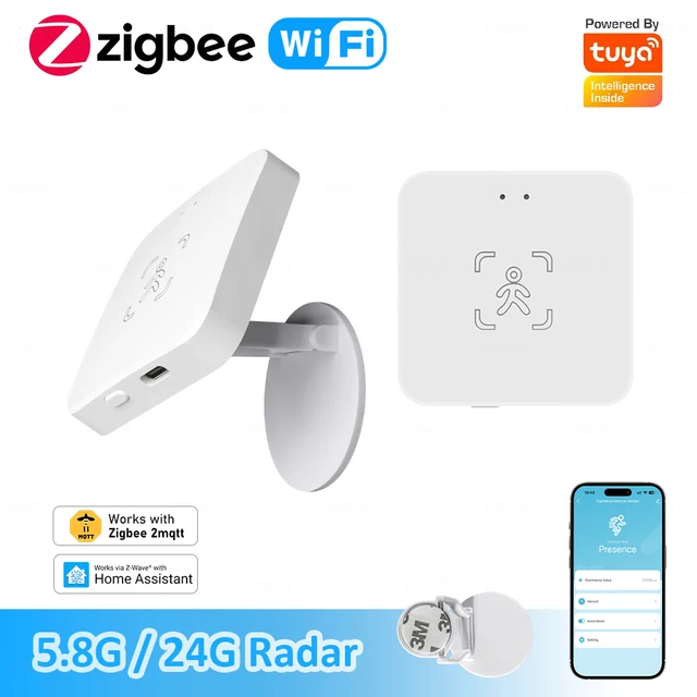 Czujnik obecności człowieka ZigBee Wifi MmWave z detekcją jasności/dystansu, radarowy detektor 24G, obsługa Home Assistant Z2M