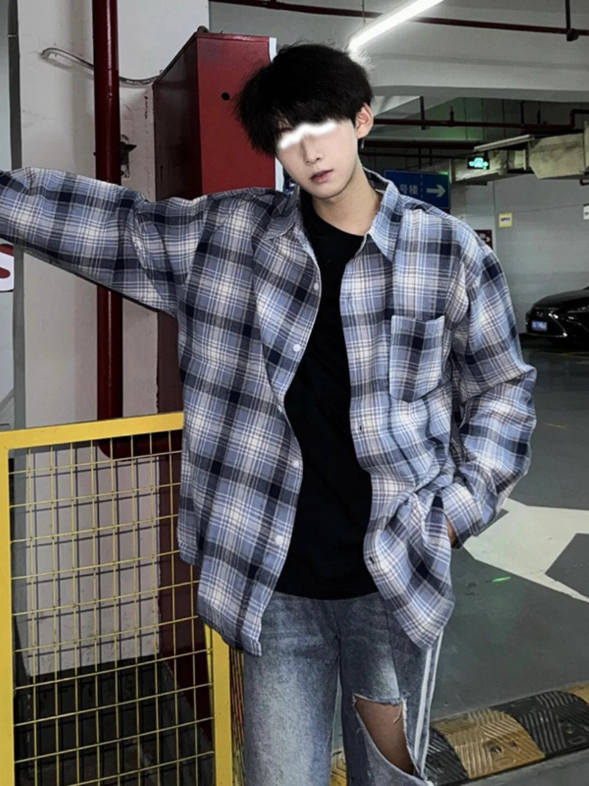 

Blue And White Plaid Long Sve irt Men's Spring Autumn American Trendy Brand Outerwear Premium Feeling Haome Plaid irt