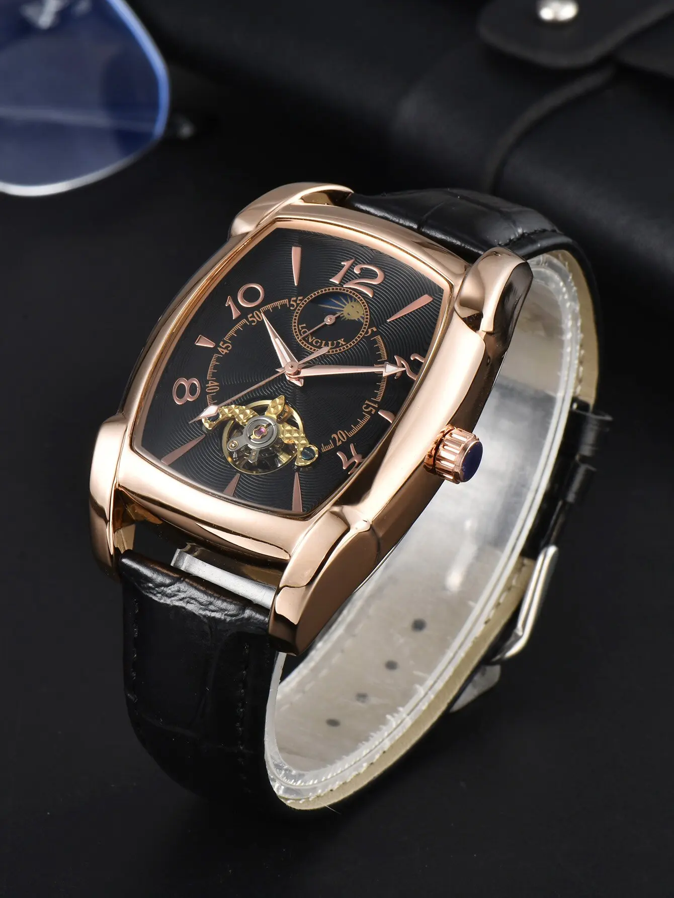 LONGLUX moon watch mechanical wristwatches tourbillon automatic man watch square leather waterproof skeleton man watch men gift