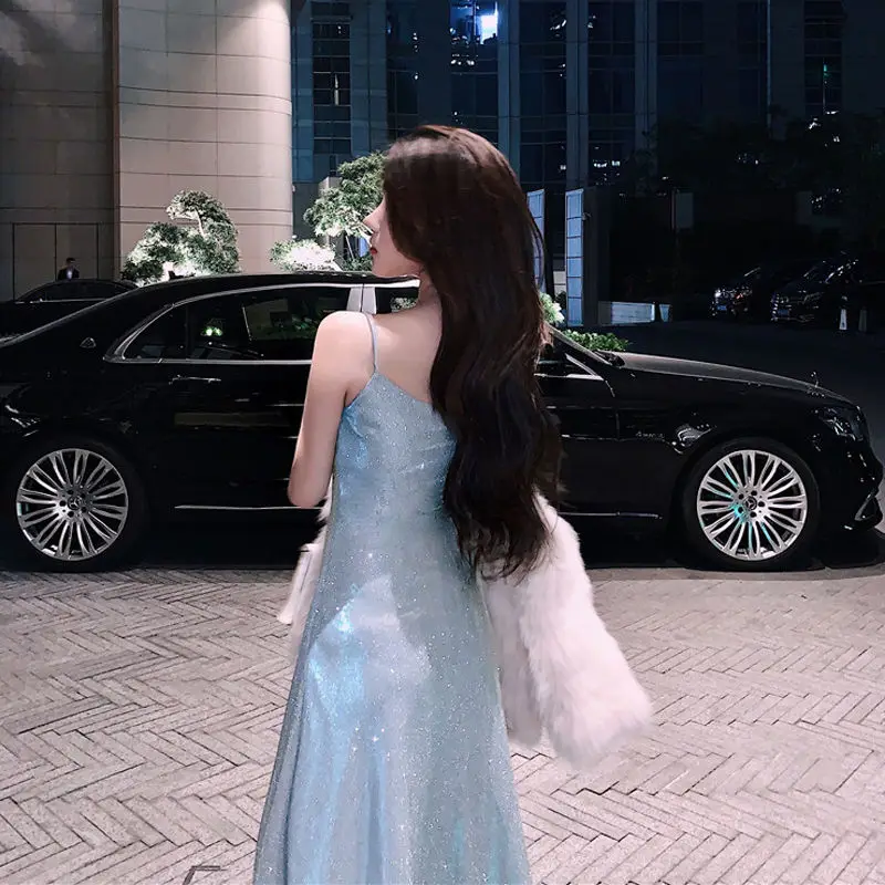 Blue enchantress shining sexy fashion high waist suspenders backless self-repair Mermaid package hip small fresh leisure dress