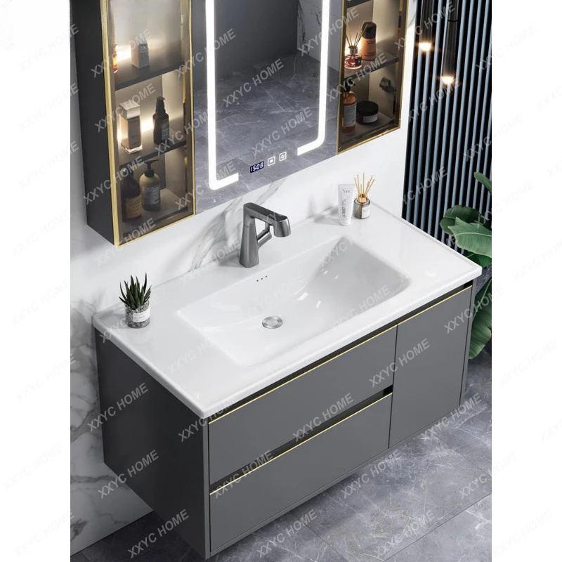 Rubber Wood Light Luxury Bathroom Cabinet Combination Whole Washbin Ceramic Smart Mirror Sink Bathroom Table