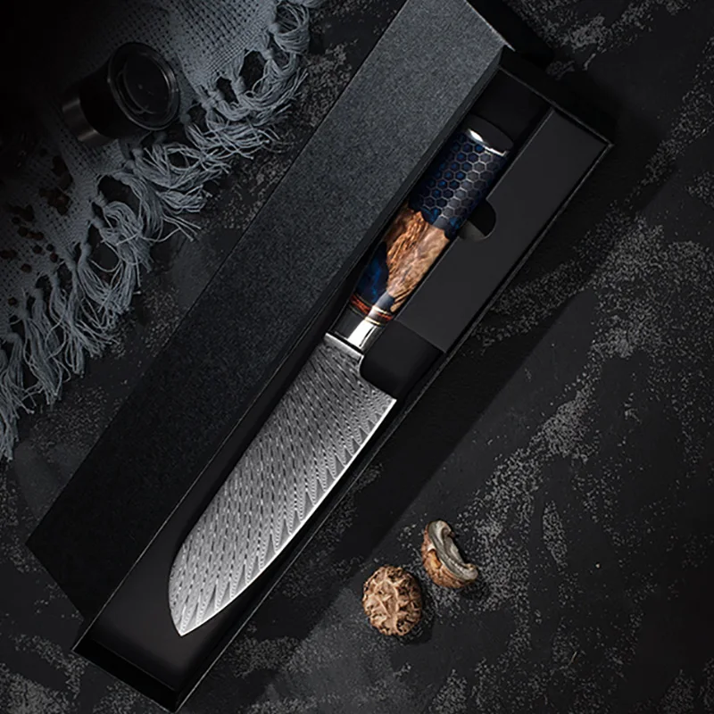 7 Inch Santoku Knife 67 Layers Damascus Steel Blade Sharp Chef Cleaver Slicing Japanese Kitchen Knives Wood & Resin Handle