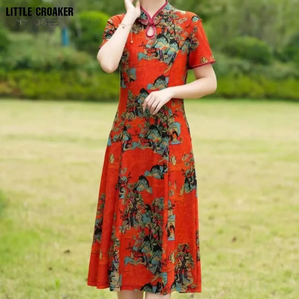 Women Summer Mom's New Chinese Style Big Dress Qipao Cheongsam Dress Wide Lady Noble and Fashionable Mid Length Dress