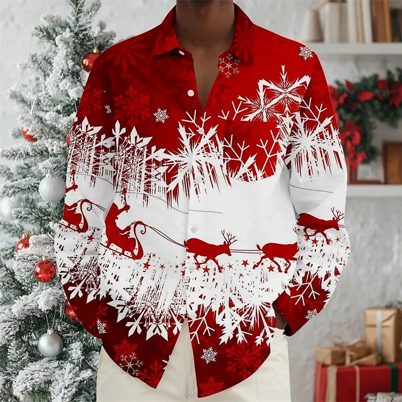 

Christmas Men's Christmas Animal Shirt Santa Claus Long Sleeve Autumn and Winter Lapel Shirt 3D Printing XS-6XL New Year Gift