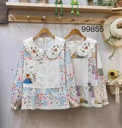 Vintage Mori Girl Embroidery Kawaii Shirts For Women Japanese Style Peter Pan Collar Patchwork blouses Sweet Casual Lolita Shirt