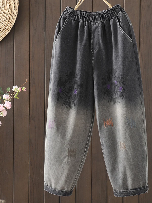 

Модные джинсы-харлан с вышивкой и градиентным цветом, повседневные брюки из смесового хлопка и полиэстера, визуально уменьшающие возраст