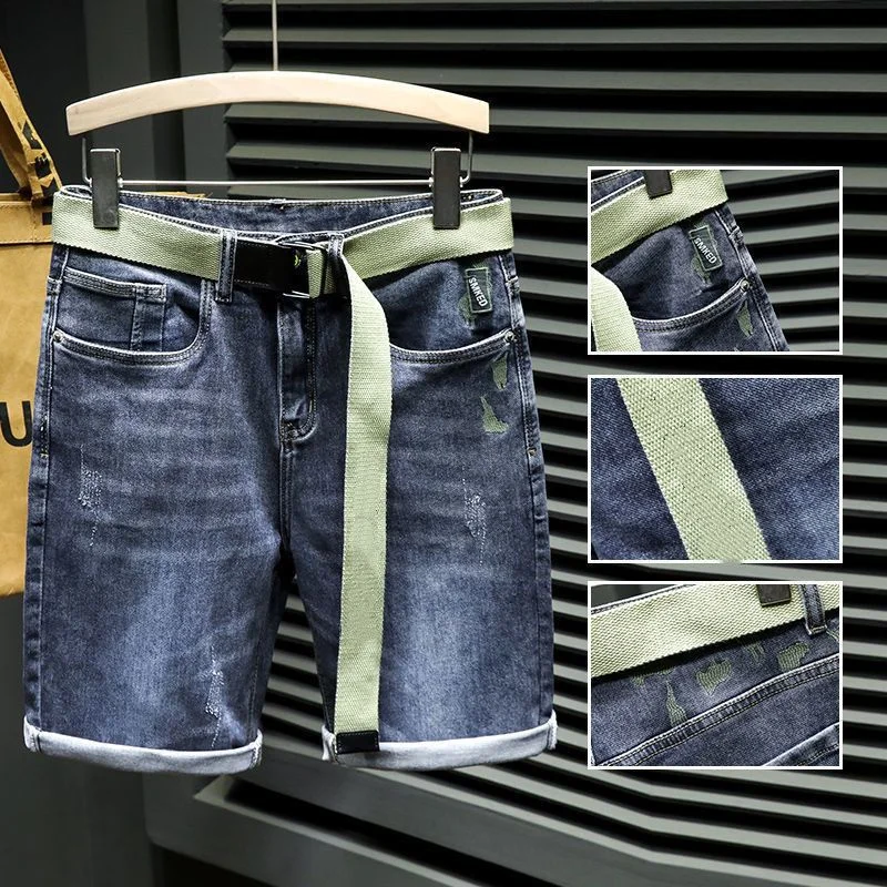 Half Male Denim Shorts with Text Ripped Multi Color Knee Length Men\'s Short Jeans Pants Graphic Long New In Summer Thin Vintage