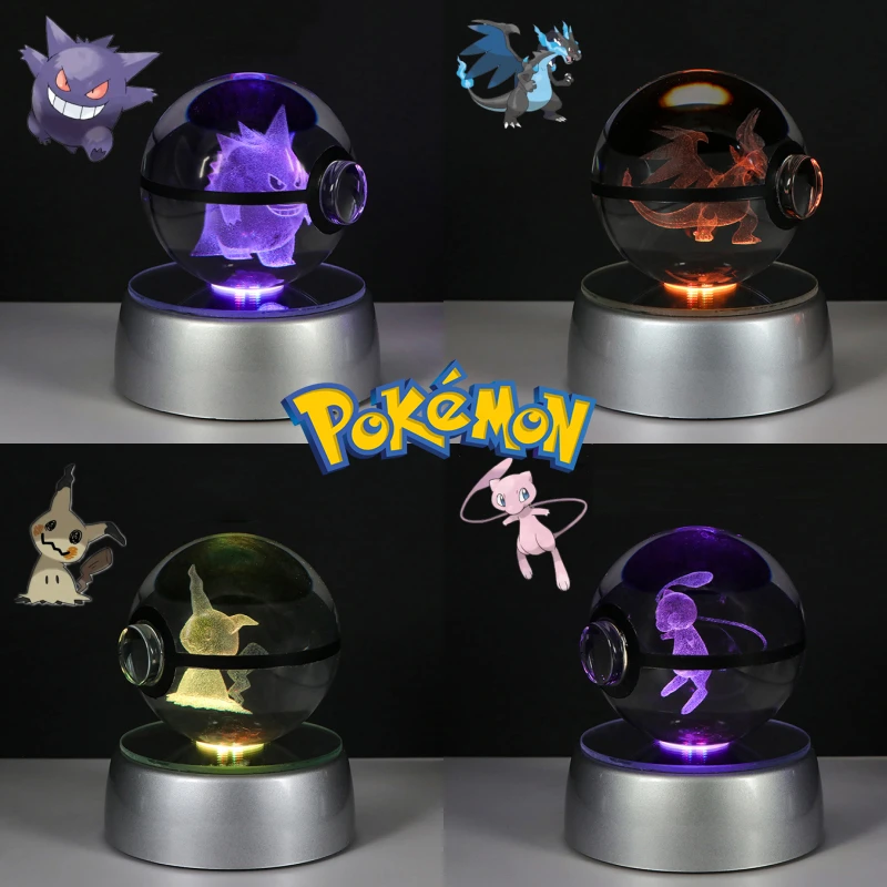 Pokemon 3D Crystal Poke Ball Figure Toys Anime Gengar Mimikyu Jigglypuff Eevee Figurines LED Lamp Base Pokeball Glass Ball Gifts