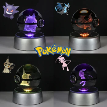 Pokemon 3D Kristal Poke Topu Şekil Oyuncaklar Anime Gengar Mimikyu Jigglypuff Eevee Figürler LED Lamba Tabanı Pokeball cam küre Hediyeler