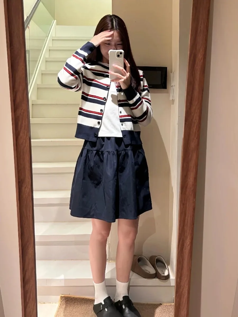 

Retro Striped Knitwear Long Sve ort Sle Women's Autumn College Sle Design Sense Color Blo Sweater Coat for Girls