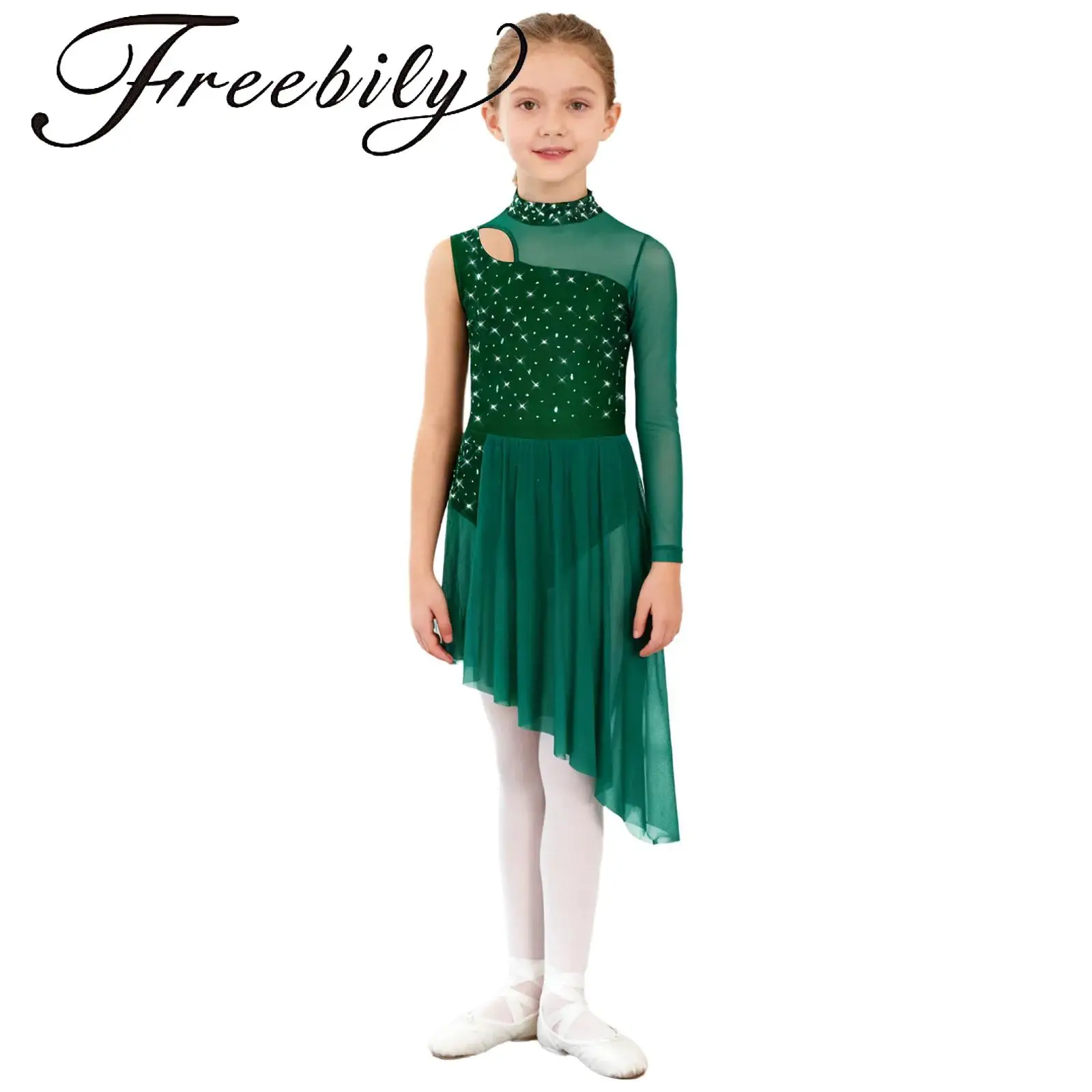 

Kids Girls Lyrical Dance Dress Mock Neck Cutout Sheer Mesh Patchwork Shiny Rhinestones Side Split Dancewear