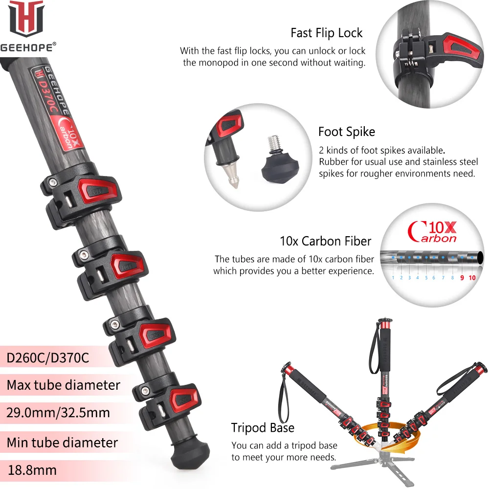 GEEHOPE-monopié de viaje portátil de fibra de carbono profesional D260C/370C, altura máxima de 160/169cm para videocámara Digital DSLR