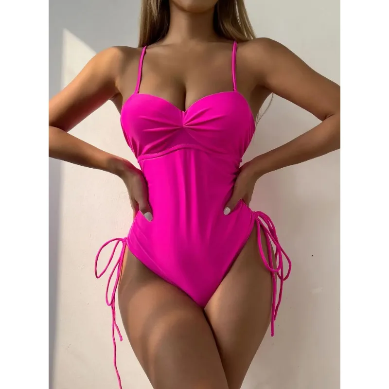 

Sexy One Piece Swimsuit Drawstring Side 2025 Women Padded Hollow Out Backless Swimwear Monokini Beachwear Bathing Suit Hot Pink