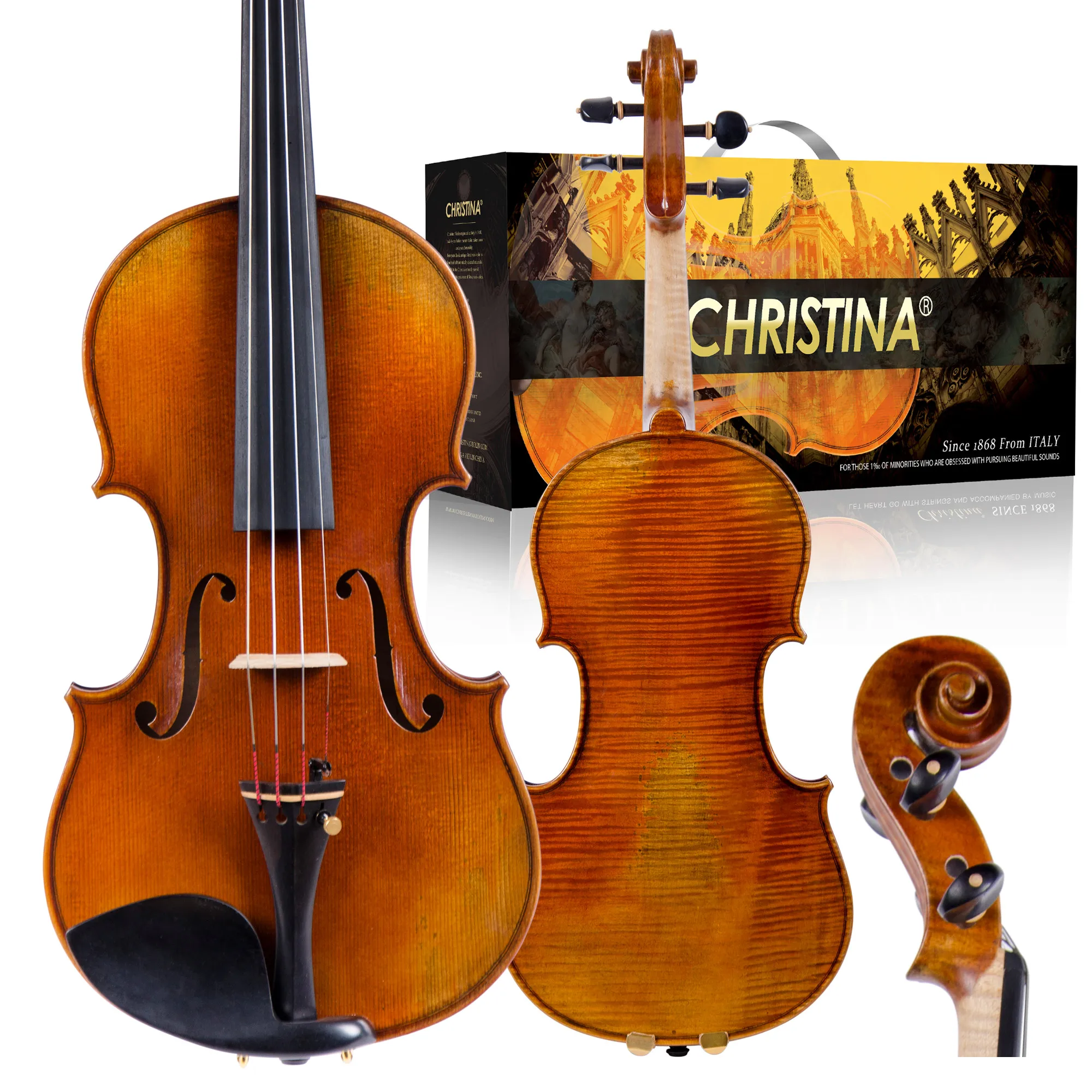 CHRISTINA Professional Violin S600D Antique Style One-piece Flame Maple Back European Premium Spruce with Ebony Fittings