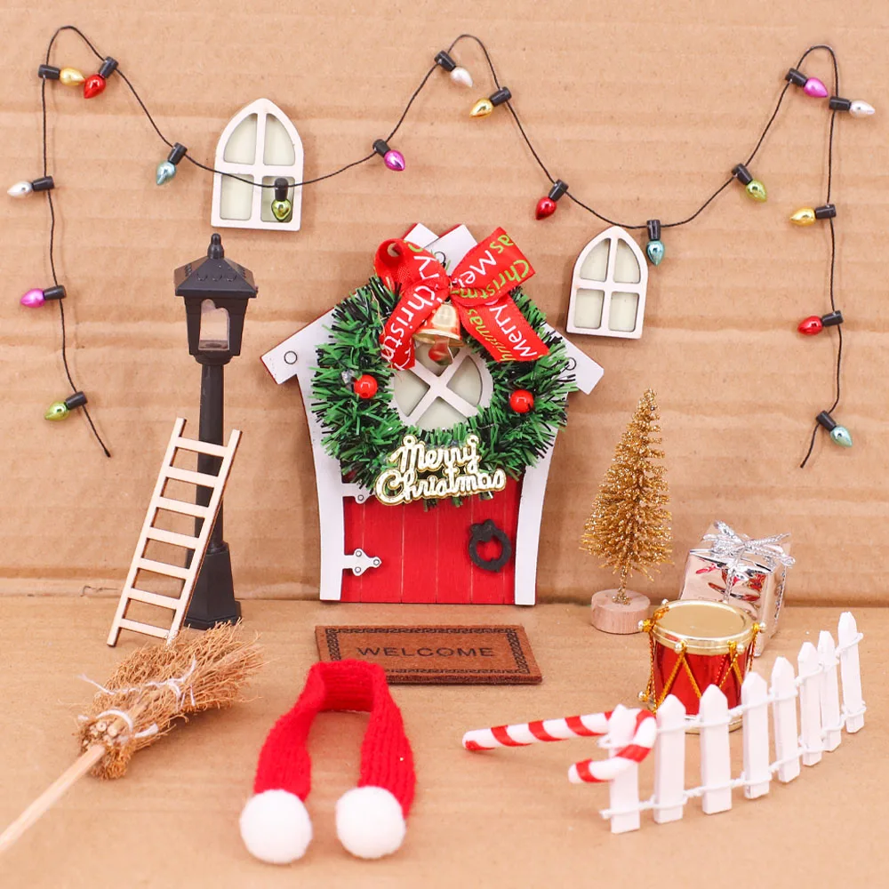 Sets Wooden Miniature Fairy Elf Door Stool Christmas Decor Toyhouse Fairy&Barbies Doll Toy Mini Scene Model Accessories Gift Box