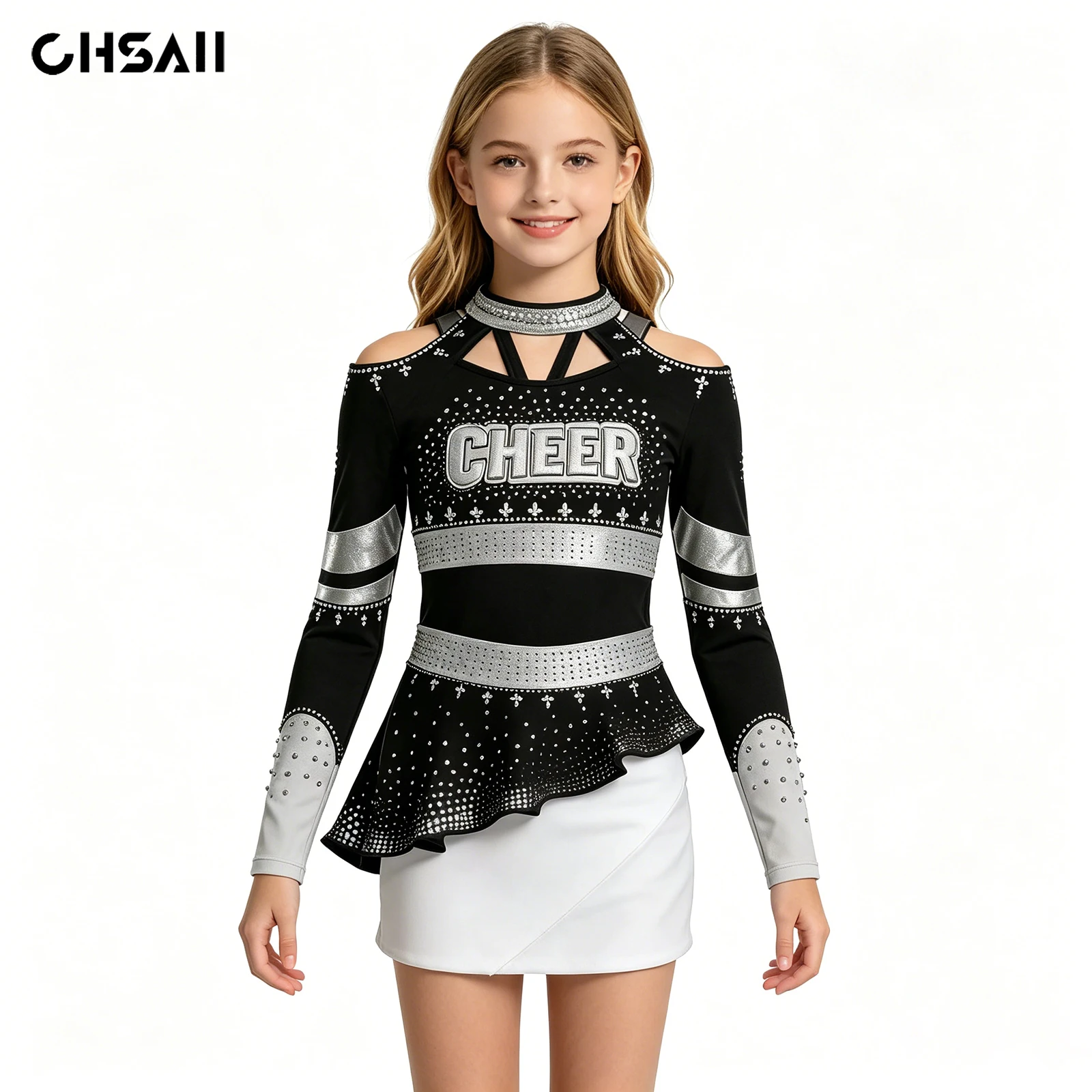 Kids Black Silver Rhinestone Cheerleading Uniform Long Sleeve CHEER  Peplum Top White Skirt Girls Dance Performance Competition